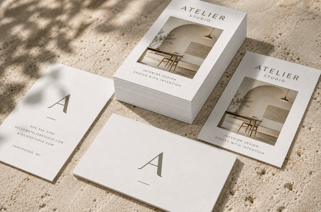 Custom 12pt recycled uncoated brand cards for Atelier Studio with minimalist interior photography. printed by clubcard palm springs.