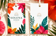 Custom printed 12pt recycled uncoated hang tags for Solena Studio featuring gold foil stamped accents, vibrant tropical hibiscus floral artwork, and white cords