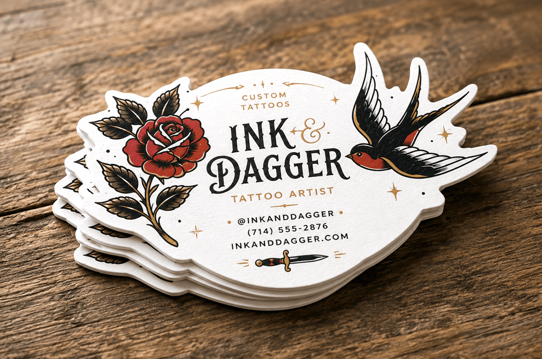 Stack of custom die-cut 24pt recycled uncoated business cards for Ink and Dagger featuring gold foil stamped accents and traditional tattoo artwork