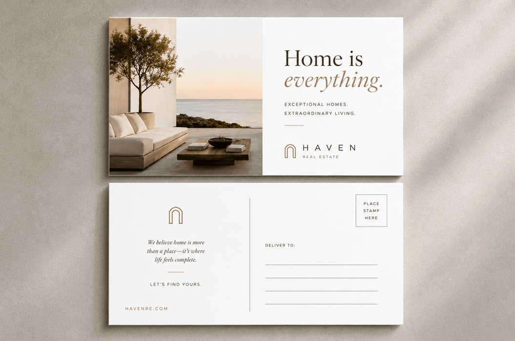 Front and back view of custom 24pt recycled uncoated real estate postcard layout for Haven Real Estate