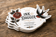 Custom die cut business cards with gold foil elements printed on 24pt thick recycled uncoated stock
