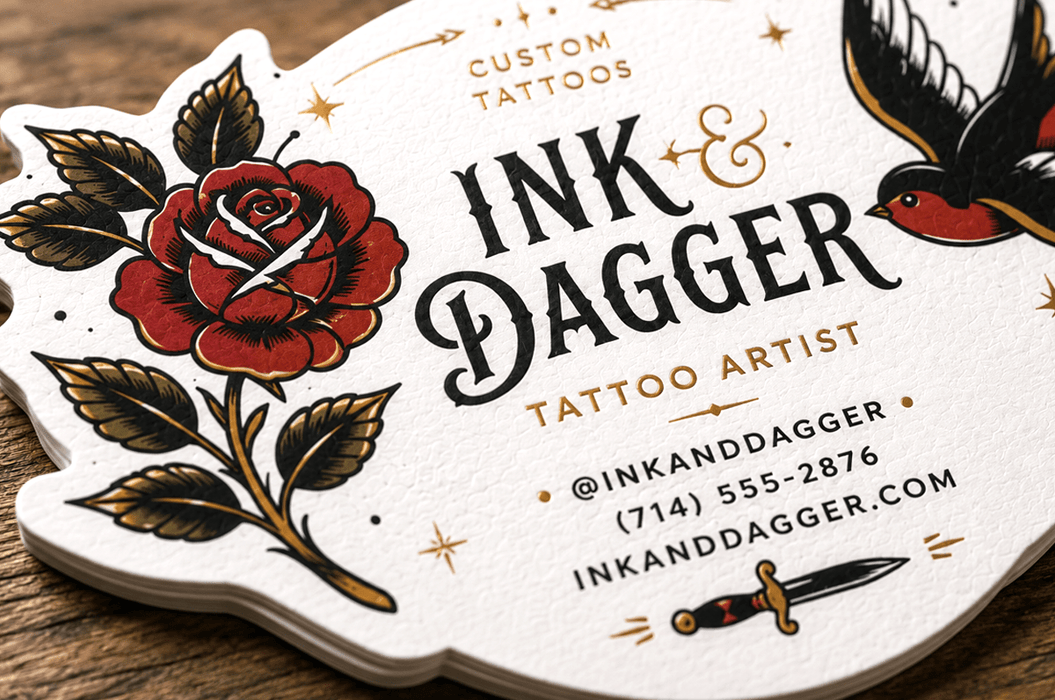 Close up of custom shaped die cut business cards with gold foil stamped elements on 24pt thick recycled uncoated card stock