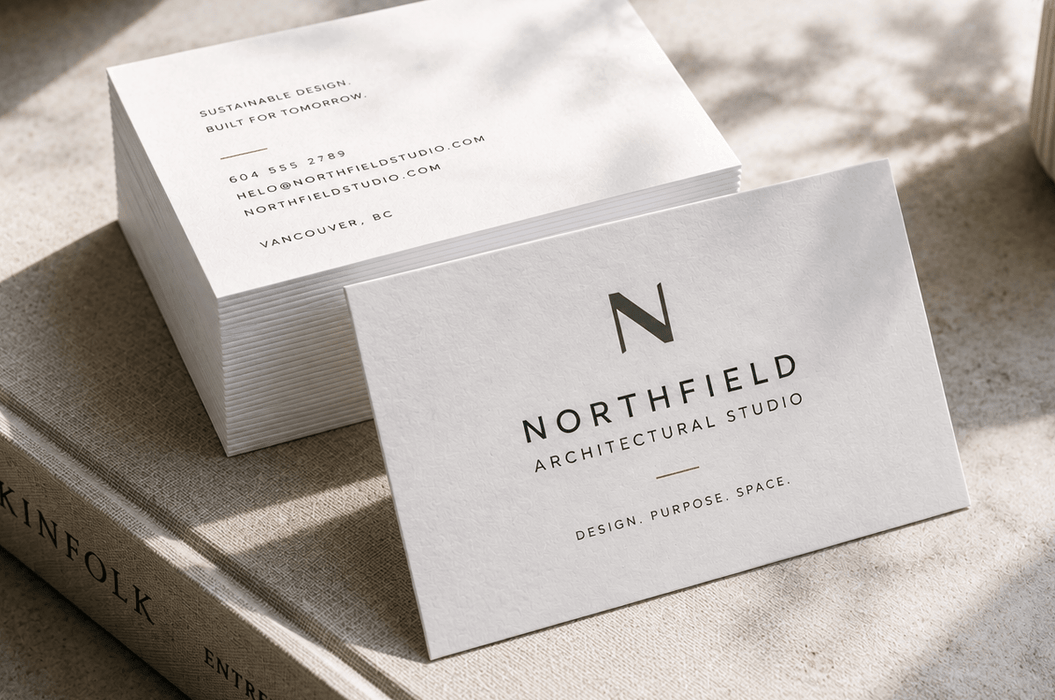 Standard size 3.5 x 2 inch business cards printed on 24pt thick recycled uncoated stock