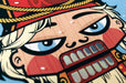 Close-up detail of nutcracker illustration on 19pt suede holiday greeting card featuring 3D raised foil accents