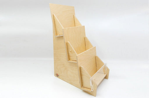 Angled side view of a 3-tier birch wood slim card display rack made in the USA. Clubcard Printing in Palm Springs