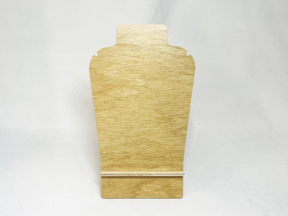 Front view of a 10x6 inch assembled birch wood necklace easel display stand on a clean background.
