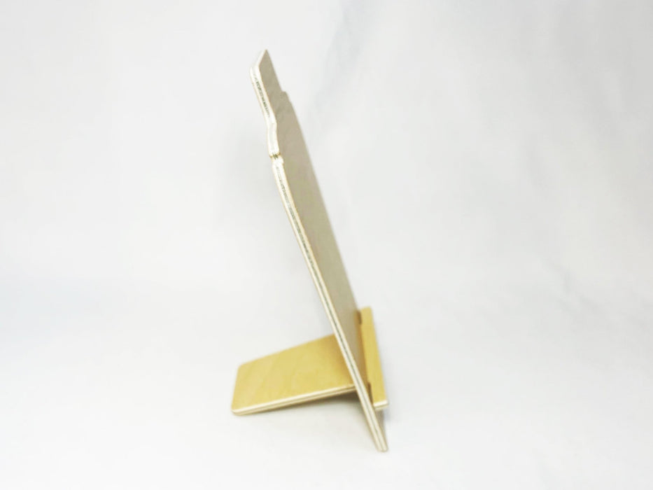 side profile showing the slim design and interlocking back easel support of the birch wood necklace display stand