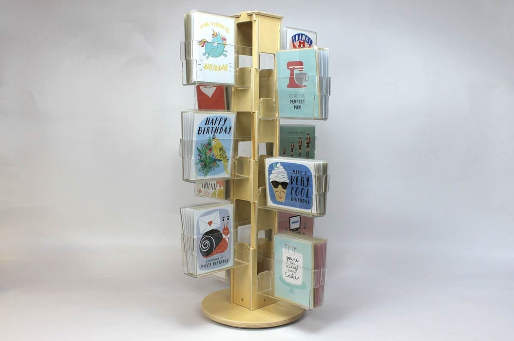 Countertop Card Spinner Display Rack Made With Birchwood and Clear Acrylic Pockets - Clubcard Printing USA