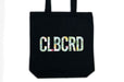 Black cotton tote bag custom printed with textured full-color CLBCRD block lettering