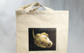 Natural cotton tote bag custom printed with a full-color yellow lab dog named butters portrait graphic