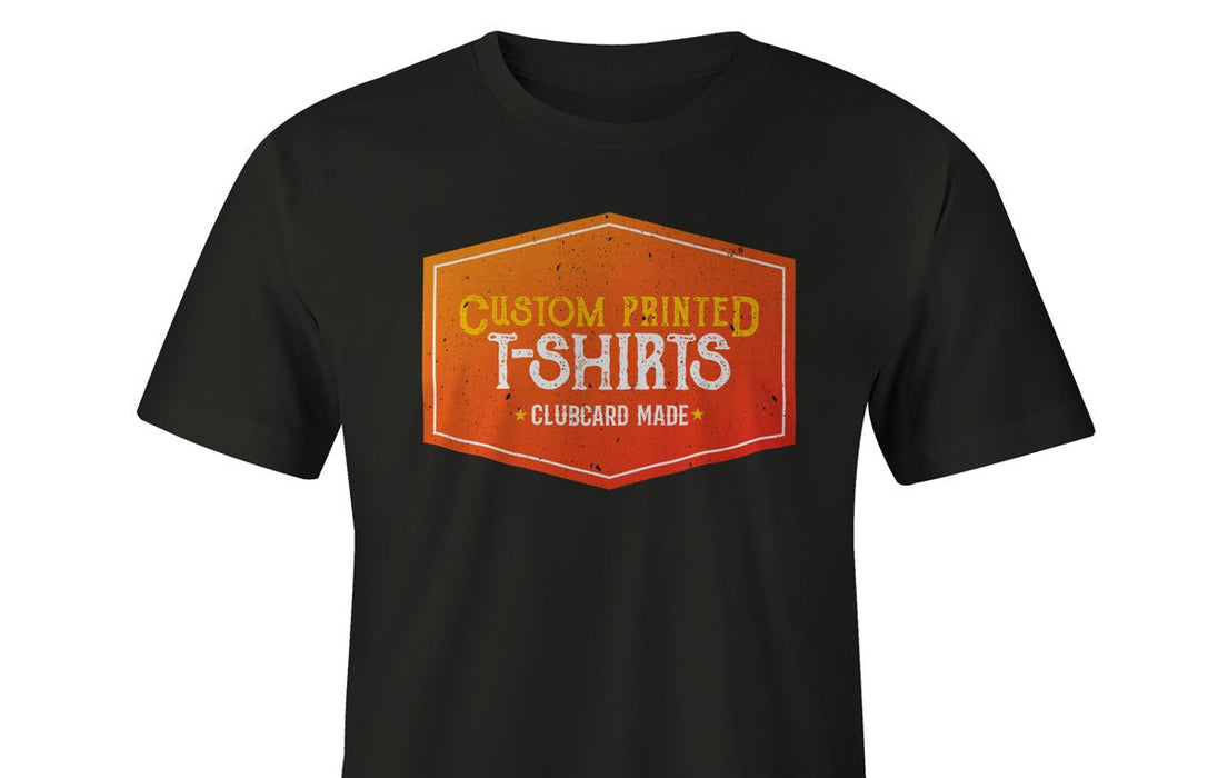 Black short sleeve t-shirt custom printed with a vintage orange Custom Printed T-Shirts logo emblem