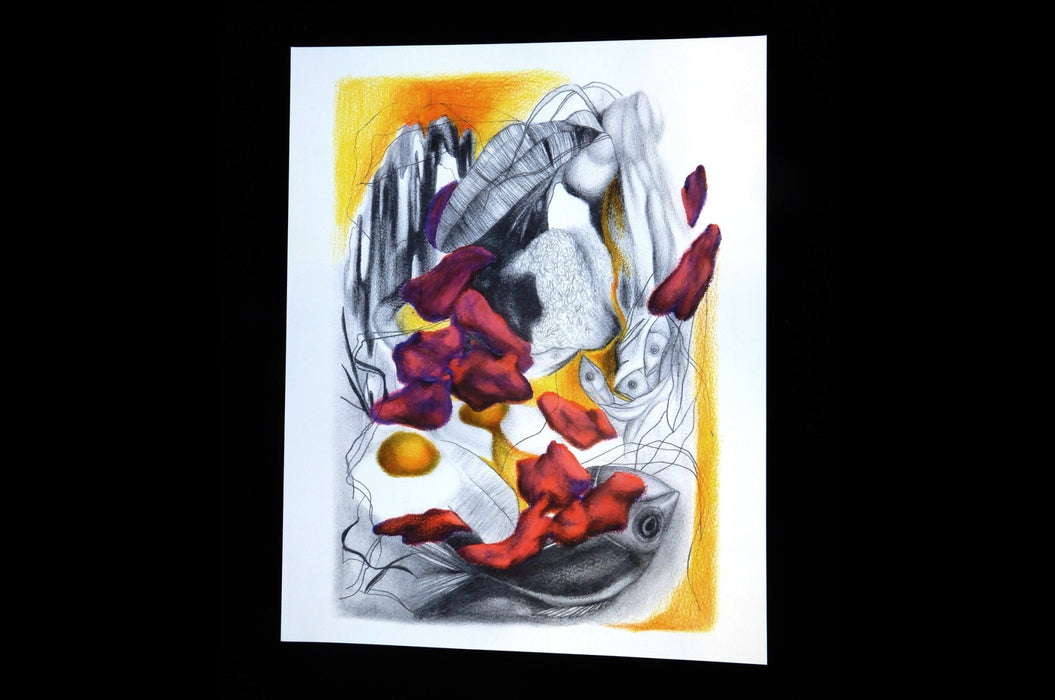 Archival giclée fine art print of an abstract sketch with vibrant red flower petals and dark pencil details on cotton paper