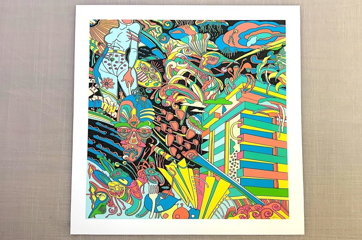 Archival giclée fine art print of a colorful, highly detailed psychedelic illustration displayed with a white border on cotton paper