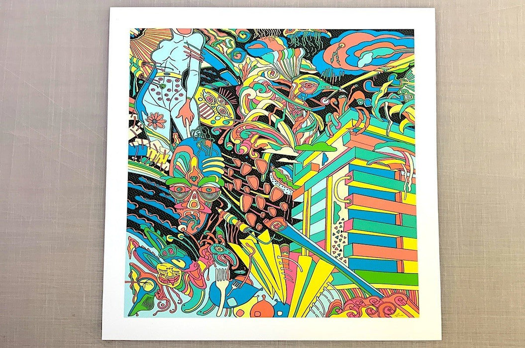 Archival giclée fine art print of a colorful, highly detailed psychedelic illustration displayed with a white border on cotton paper