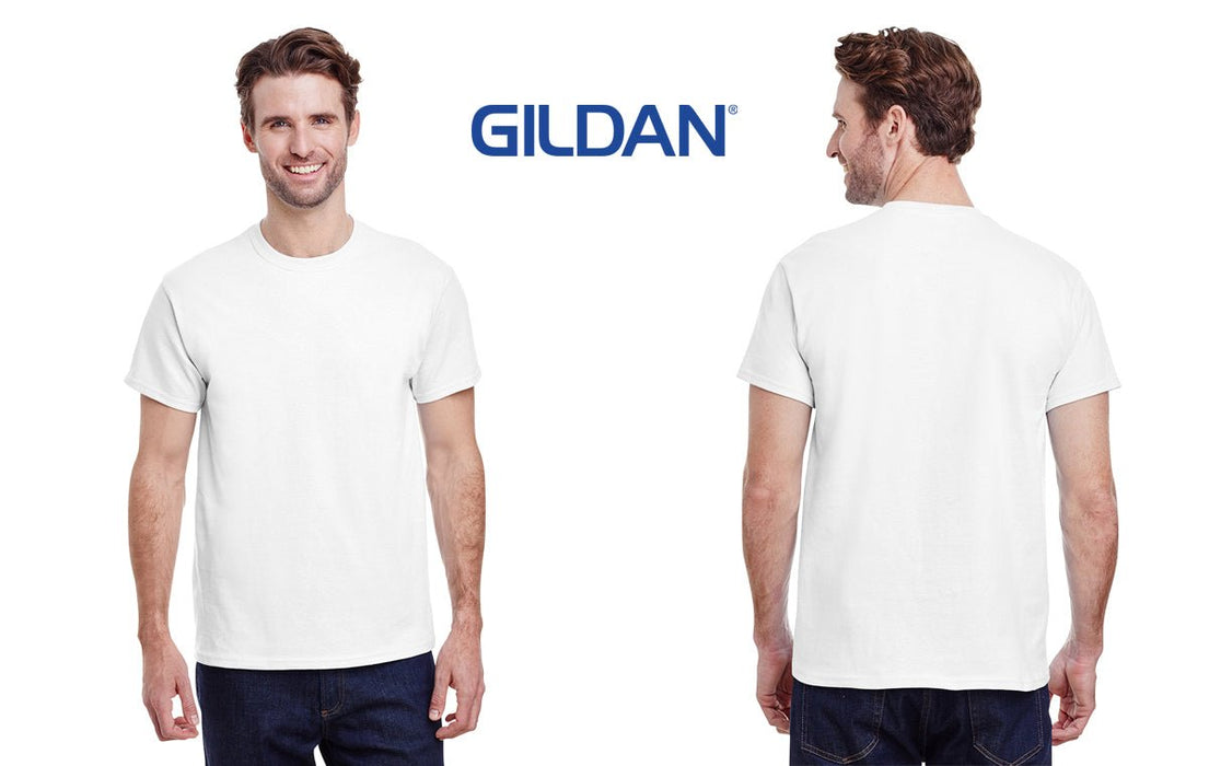 Front and back view of a male model wearing a blank white Gildan Ultra Cotton short sleeve t-shirt
