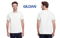 Front and back view of a male model wearing a blank white Gildan Ultra Cotton short sleeve t-shirt