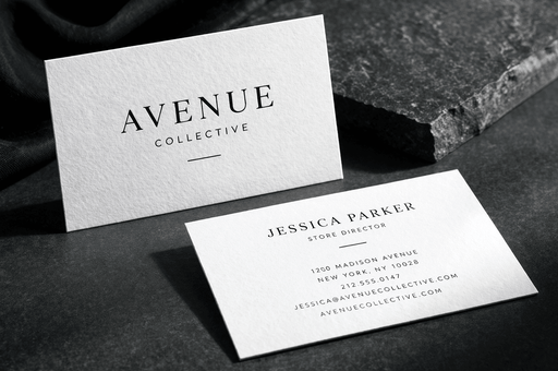 Letterpress business cards custom printed on 20pt white cotton stock with debossed typography for Avenue Collective