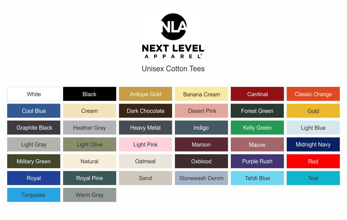 Next Level Apparel unisex cotton t-shirt color swatch guide showing available fabric color choices