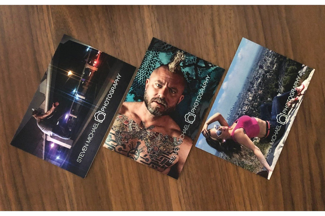 4x6 raised iridescent foil postcards printed on 19pt suede stock featuring Steven Michael Photography logo accent