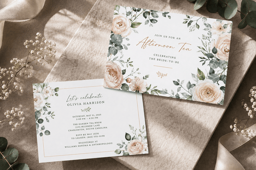 A styled flat-lay of a floral afternoon tea invitation card with gold foil stamped text, displayed on a dark surface alongside a matching RSVP card, envelope, and dried baby's breath flowers, printed by Clubcard Palm Springs on 12pt 100% recycled fibers stock with full color detail.