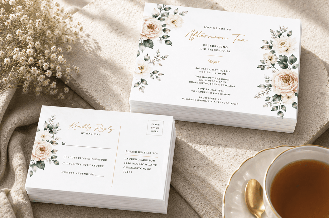 A stacked set of floral afternoon tea invitation cards and matching RSVP postcards featuring gold foil stamping, displayed on a textured cloth surface alongside a teacup, printed by Clubcard Palm Springs on 12pt 100% recycled fibers stock with full color detail.