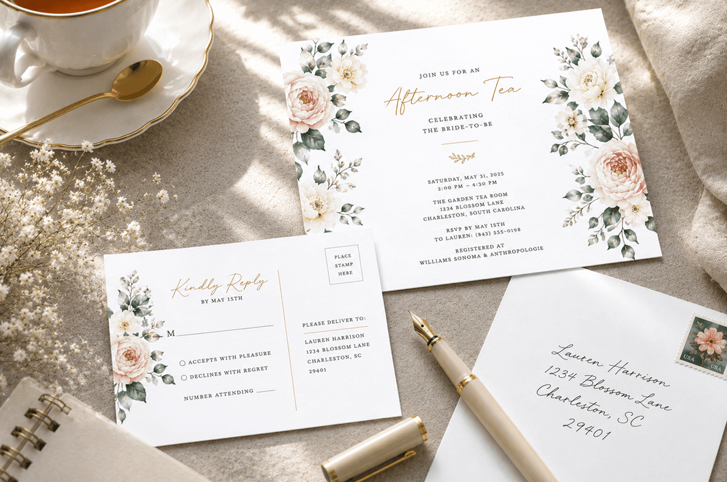styled flat-lay of a floral afternoon tea invitation suite featuring gold foil stamping, displayed alongside an RSVP postcard, addressed envelope, notebook, and teacup, printed by Clubcard Palm Springs on 12pt 100% recycled fibers stock with full color detail.