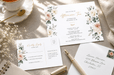 styled flat-lay of a floral afternoon tea invitation suite featuring gold foil stamping, displayed alongside an RSVP postcard, addressed envelope, notebook, and teacup, printed by Clubcard Palm Springs on 12pt 100% recycled fibers stock with full color detail.