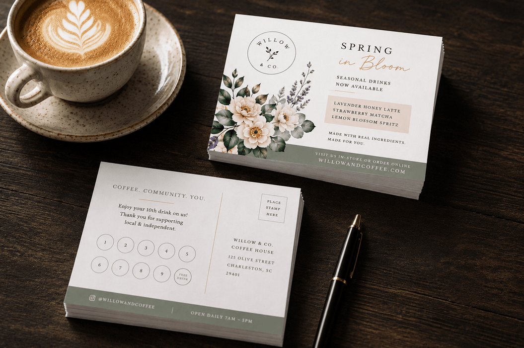 A styled flat-lay of printed coffee shop marketing cards with gold foil stamped text and a floral product box on a dark wooden table, displayed alongside a cup of latte art and a pen, printed by Clubcard Palm Springs on 12pt 100% recycled fibers stock with full color detail.