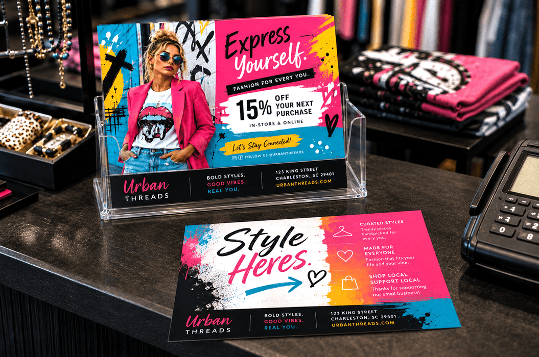 Two printed promotional cards for Urban Threads displayed on a retail counter, with one card held in a clear acrylic stand and another lying flat beside it, printed by Clubcard Palm Springs on 12pt 100% recycled fibers stock with full color detail.