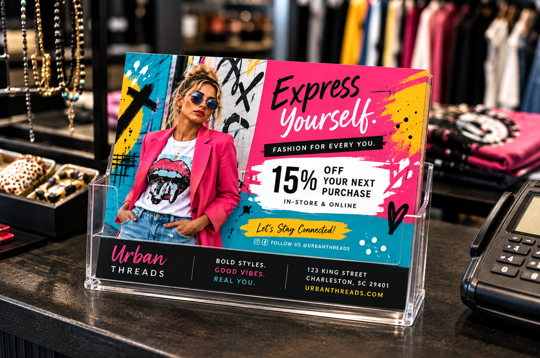 A printed retail display card for Urban Threads in a clear acrylic holder on a store counter, featuring a model in a pink blazer with 'Express Yourself' text, printed by Clubcard Palm Springs on 12pt 100% recycled fibers stock with full color detail.