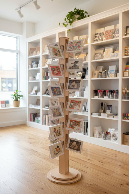 Rotating Floor Spinner Card Rack Made With Birchwood and Clear Acrylic Pockets - Clubcard Printing USA