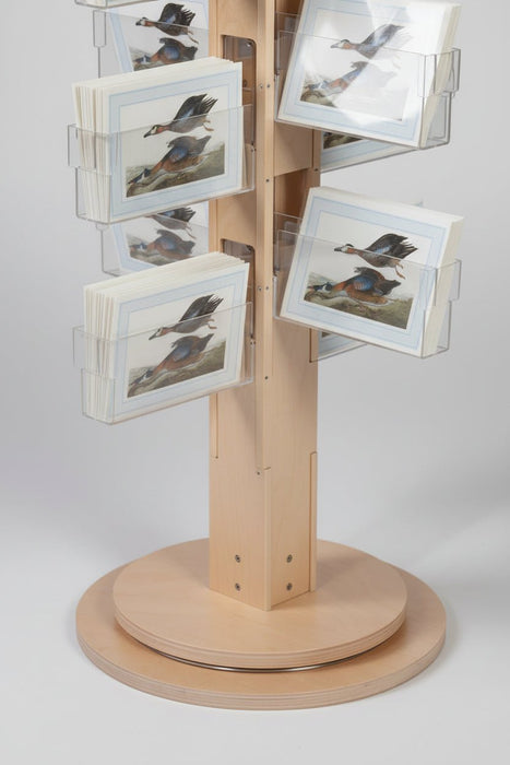 Rotating Floor Spinner Card Rack Made With Birchwood and Clear Acrylic Pockets - Clubcard Printing USA