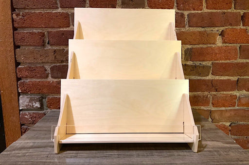 Three Level Card Display Rack With 12" Wide Birch Wood Shelves - Clubcard Printing USA