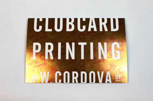 Foil effects rack cards are printed on 16pt card stock with CMYK inks overtop a special silver custom layer.