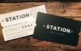 Custom shape die cut business card for The Station Cafe + Eatery printed in full color on Silk Laminated 16pt Stock | Card is shaped like a ticket with two semi circles cut into the right and left sides | Clubcard Printing USA