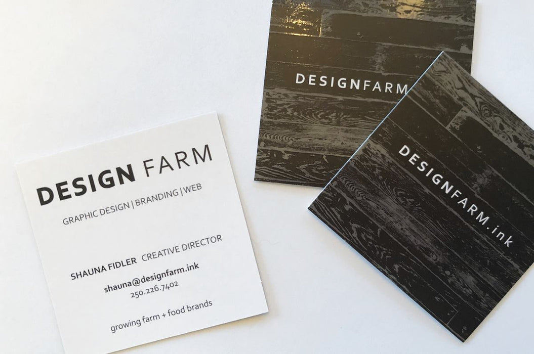 Professional 16 pt spot gloss square cards that we printed for our friends at Design Farm (designfarm.ink)