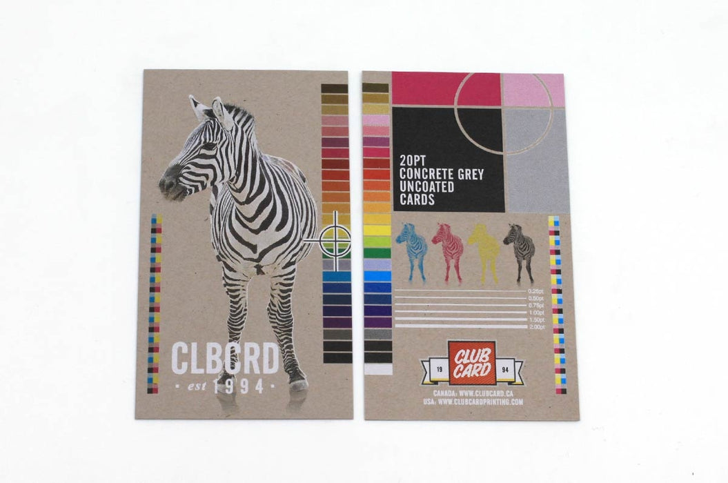 Sample cards for our Concrete Grey 20pt stock with full color printing and white ink | Clubcard Printing USA