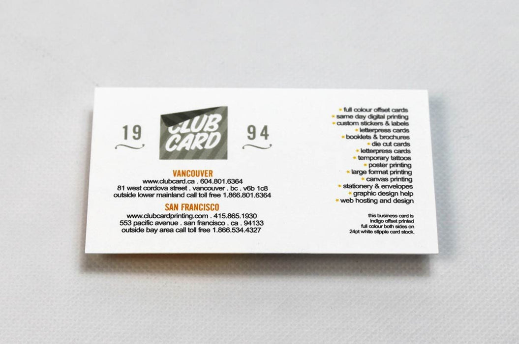 Information side of a custom business card printed in full color on white stipple 24pt stock | Clubcard Printing USA