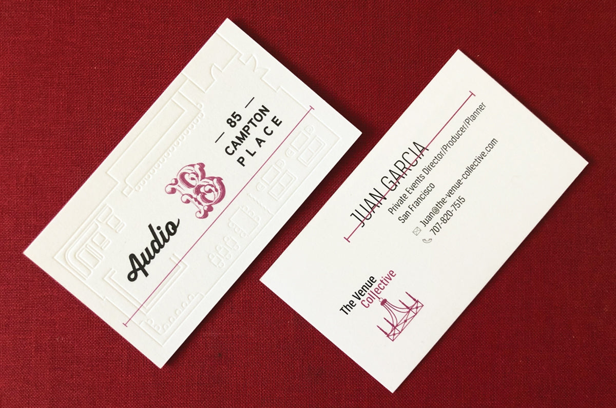 Business card for The Venue Collective with debossing on Uncoated 32pt stock | Clubcard Printing USA