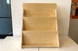 3 shelf birch wood card display rack, card display stand with clear acrylic panels on each shelf.