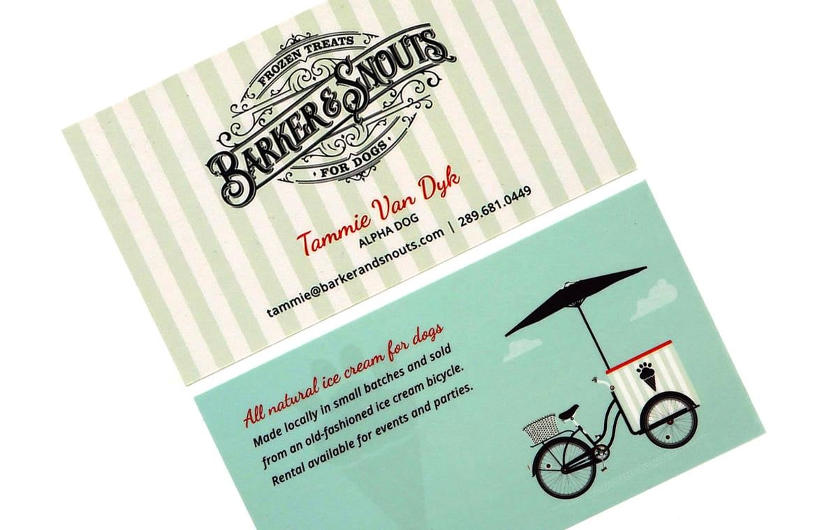 Business cards for Barker and Snouts on silk laminated 19pt stock | front has light sage and light beige stripes with their logo and contact information | back has an image of an ice cream bicycle as well as a description of their services | Clubcard Printing USA