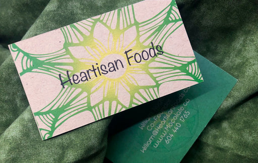 Business cards fir Heartisan Foods on uncoated 18pt Natural kraft stock in full color | Clubcard Printing USA