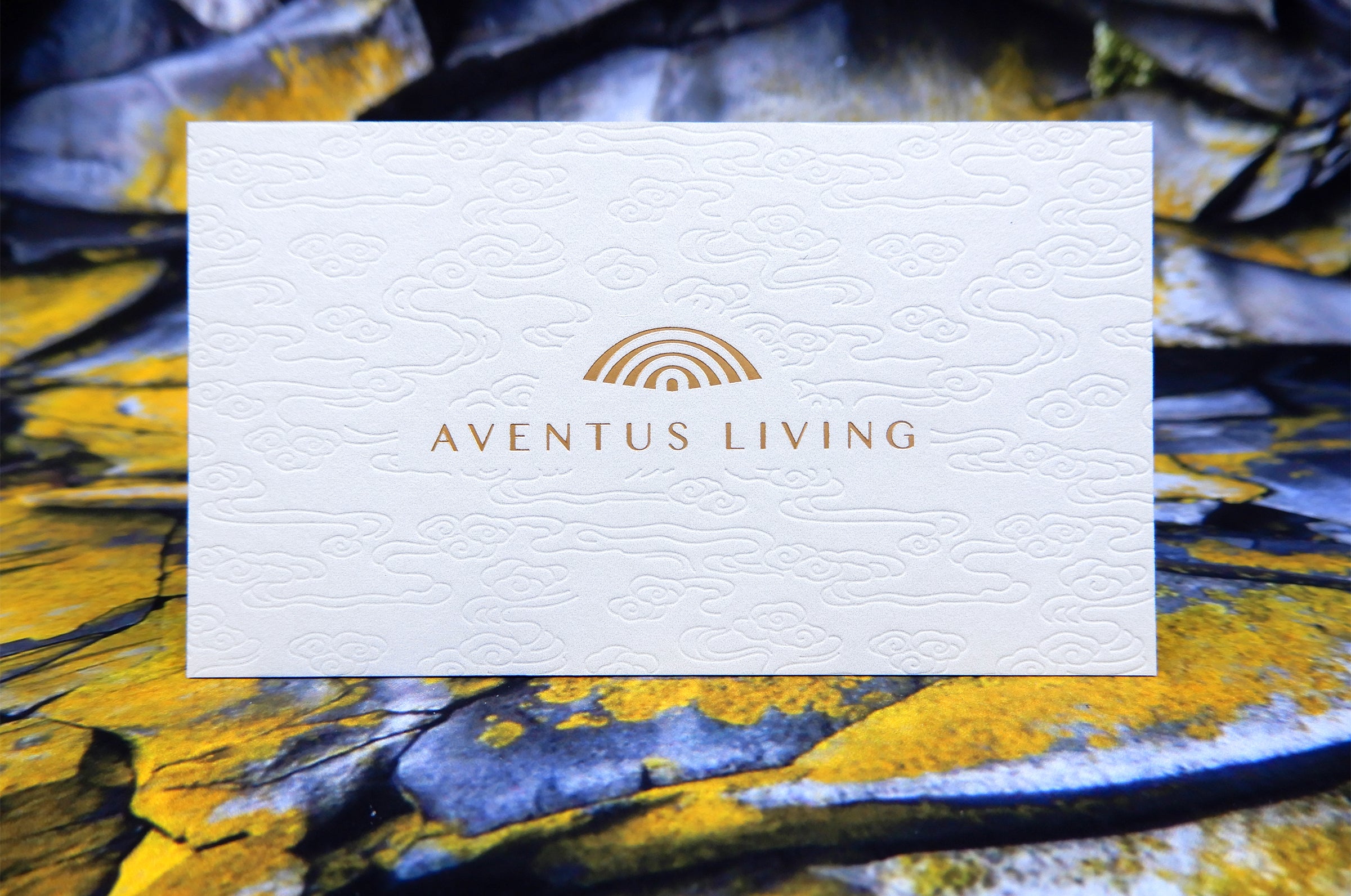 Business card for Aventus Living with gold foil and debossing | Clubcard Printing USA