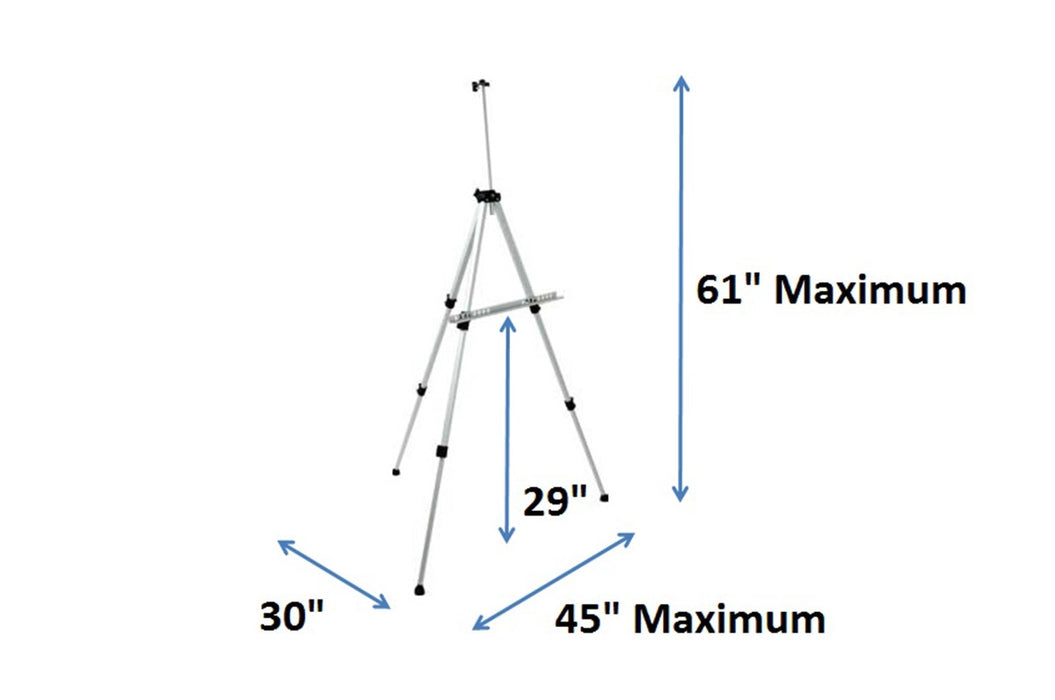 Chart showing the dimensions of the folding aluminum easel stand: 61" maximum height, 45" maximum width, 30" depth and 29" distance between floor and tray.