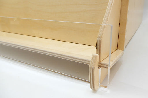 Close up of the acrylic front panel on a large birch plywood 4-tier display card stand.