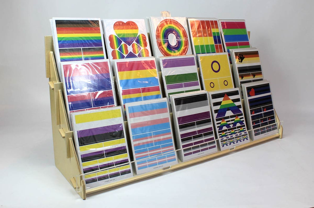 Large birch plywood 3-tier card display rack with acrylic front panel holding 15 types of sticker sheets.