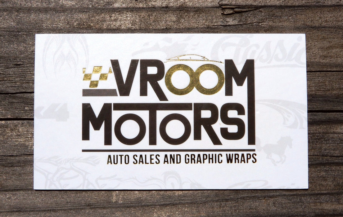 Business card for Vroom Motors on Color Core Silk Business Cards 40pt with gold foil | The gold foil is on a checkered pattern before the V, on the two Os, and the outline of the top of a car above the two  Os | Clubcard Printing USA