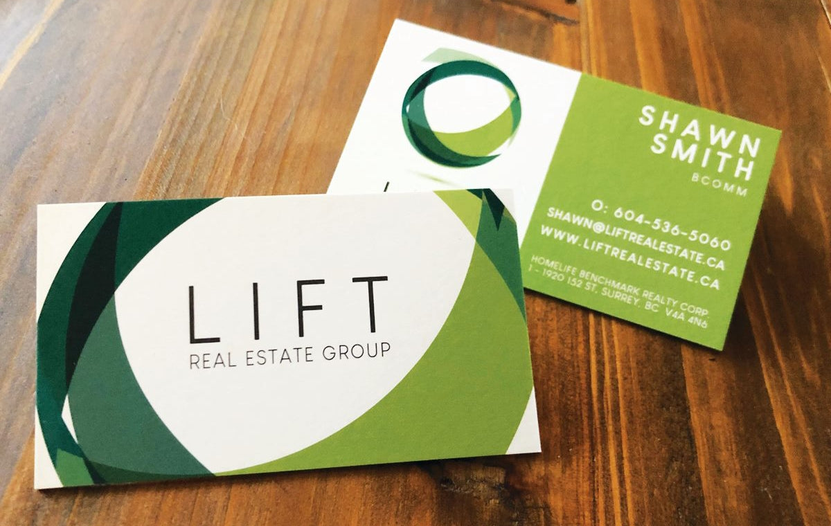 Custom business cards printed for Lift Real Estate Group on 37pt Uncoated Color Core stock | shows both sides of the cards, one side has their company name and logo, the other has a smaller version of their logo and contact info | Clubcard Printing USA