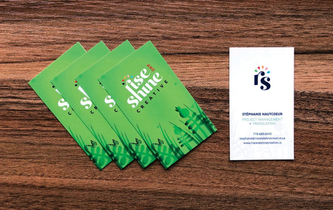 Custom business cards for Rise and shine Creative printed in full color on suede laminated 19pt stock | Clubcard Printing USA