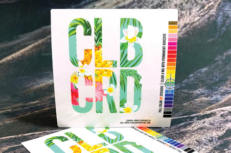 image of clear sticker printed in full color plus white ink cut to custom shape on white backer| Clubcard Printing